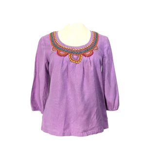 Boden Lilac Beaded Linen Top, Short Sleeve, Purple, Size US 4
